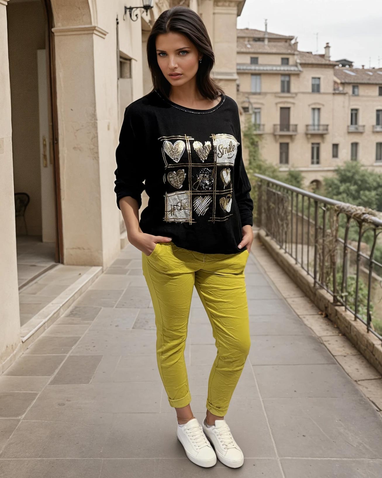 Longsleeve mit Glitzer-Print "Smile & Hearts"