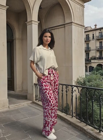 Weite Palazzo-Hose mit pinkem Animal Print